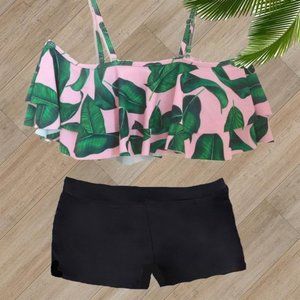 PINK PRINT OFF SHOULDER BOY SHORT TWO PIECE SWIMSUIT